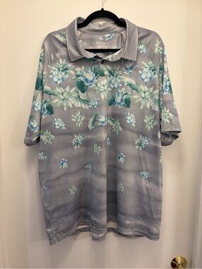 Tommy Bahama IslandZone Polo Shirt Mens XXL Gray Blue Floral Performance 2XL